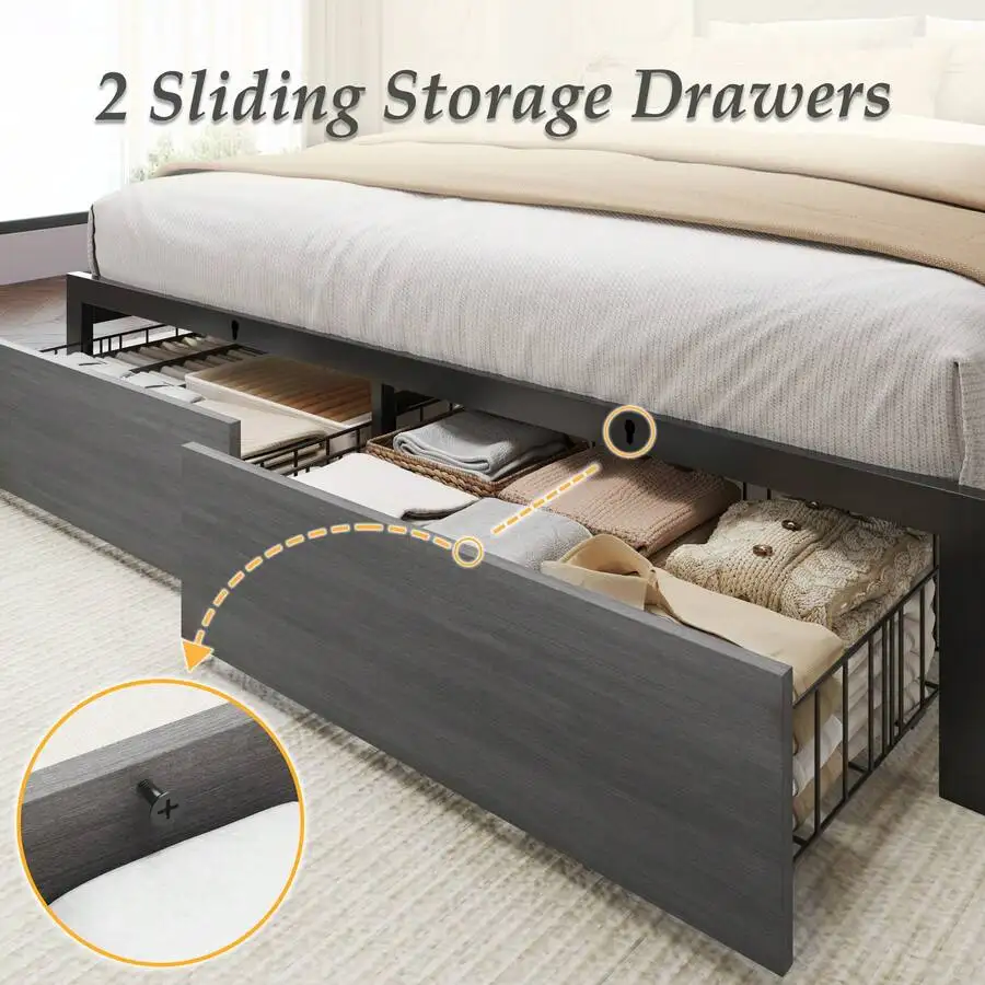 Queen & Full Bed Frame With Storage, 2-Tier Storage Headboard & Built-In Drawers, Metal Platform Bed With USB Charging Station & LED Lights, Noise Free, No Box Spring Needed, Easy Assembly,Rustic Grey - view 7