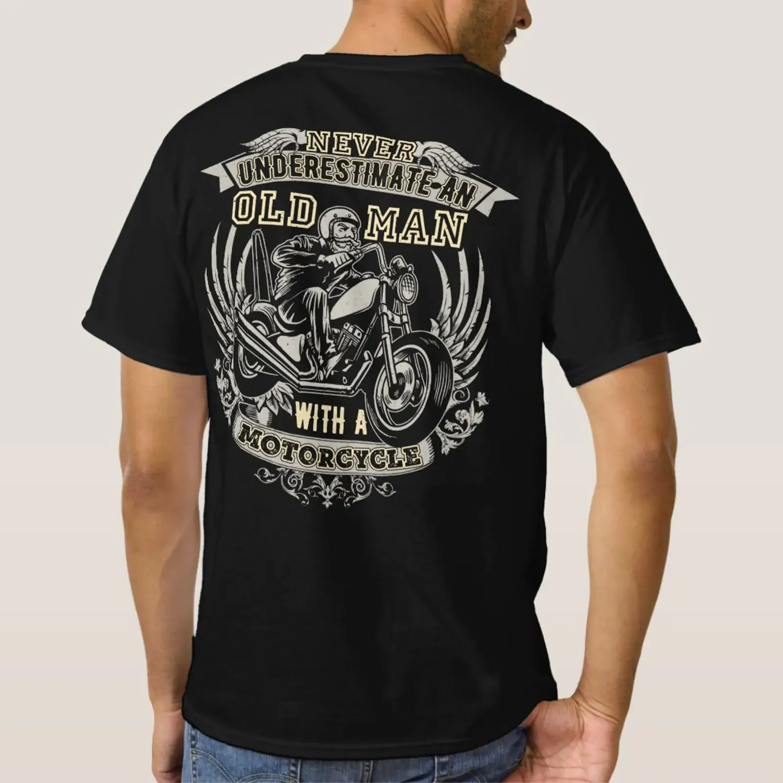Unterschätze niemals einen alten Mann mit einem Motorrad-T-Shirt, Vintage-Stil, gewaschen, atmungsaktiv, lässig, Unisex-Mode, vielseitig, leicht