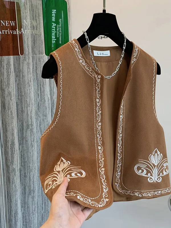 n Heavy Brodery Jaet Ropa de mujer de gran tamaño Sin botón redondo Ne Top Chaleco casual en capas Verano