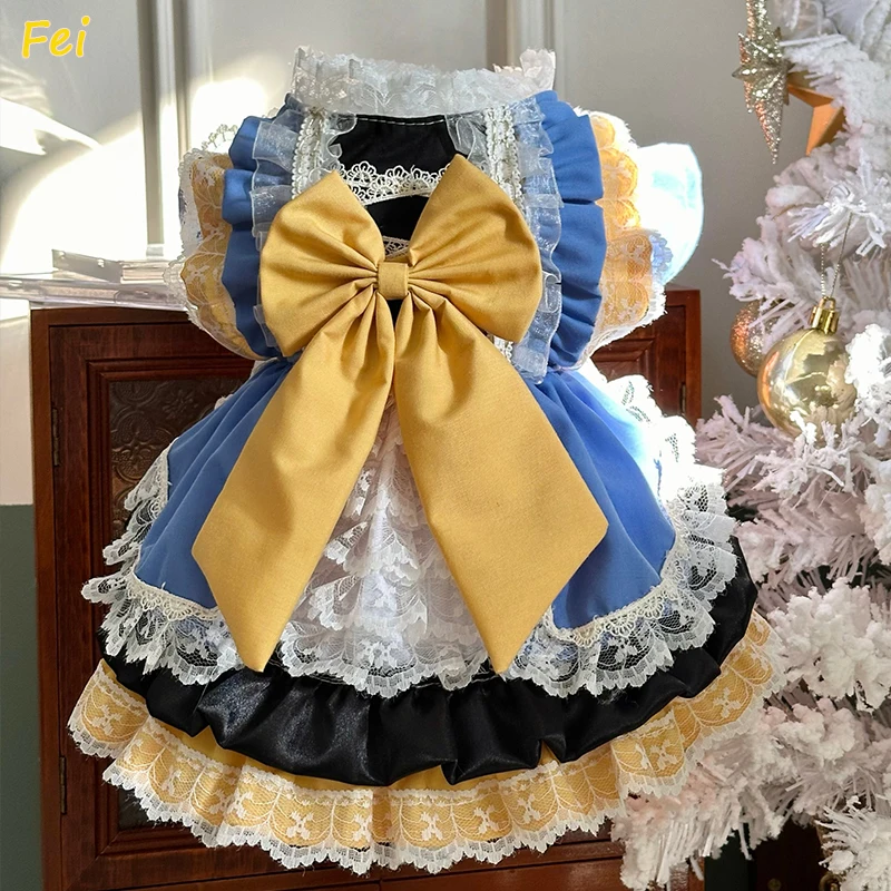 

Corgi Butt Bow Dress - Handmade Yellow Lace Princess Outfit, Pure Cotton Summer Party Dress for Poodle Puppy, Detachable Skirt