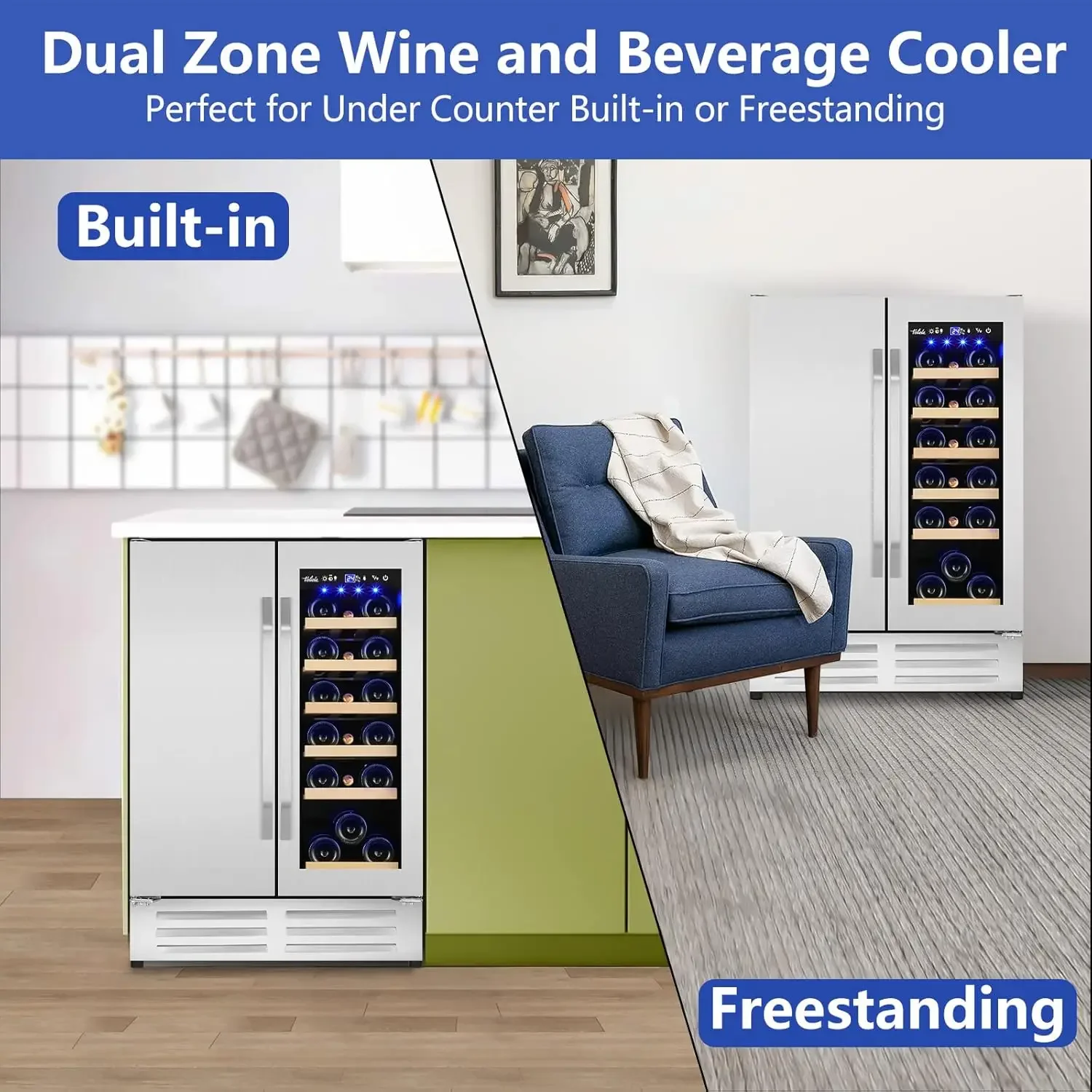 Wine and Beverage Refrigerator,24 Inch Dual Zone Wine Beverage Cooler, Built-in/Freestanding Beer and Wine Fridge with a Powerfu