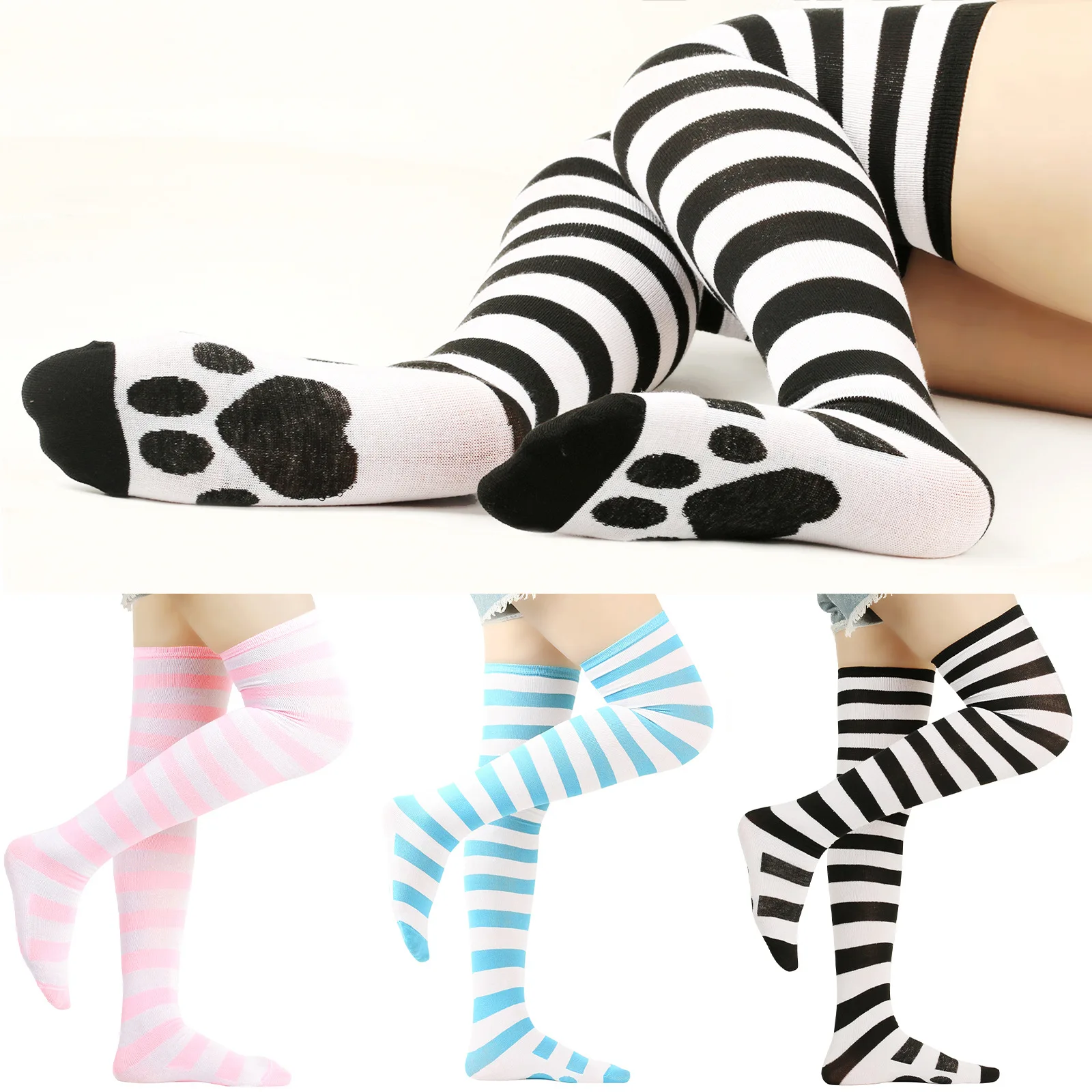 Over Above Knee Socks Womens Striped Thigh High Stockings Cat Paw Ladies Girls Black White Pink Long Cosplay Lolita Harajuku Y2k