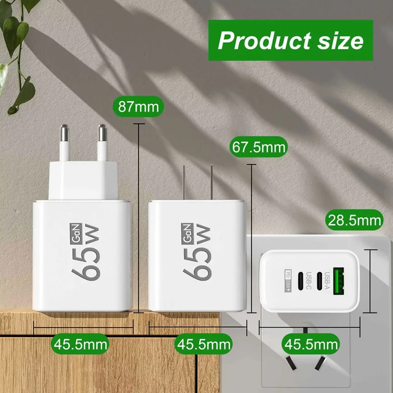 65 واط GaN USB PD شاحن شحن سريع نوع C محول الهاتف شحن سريع 3.0 آيفون 15 14 سامسونج شاومي 3 منافذ شاحن سريع
