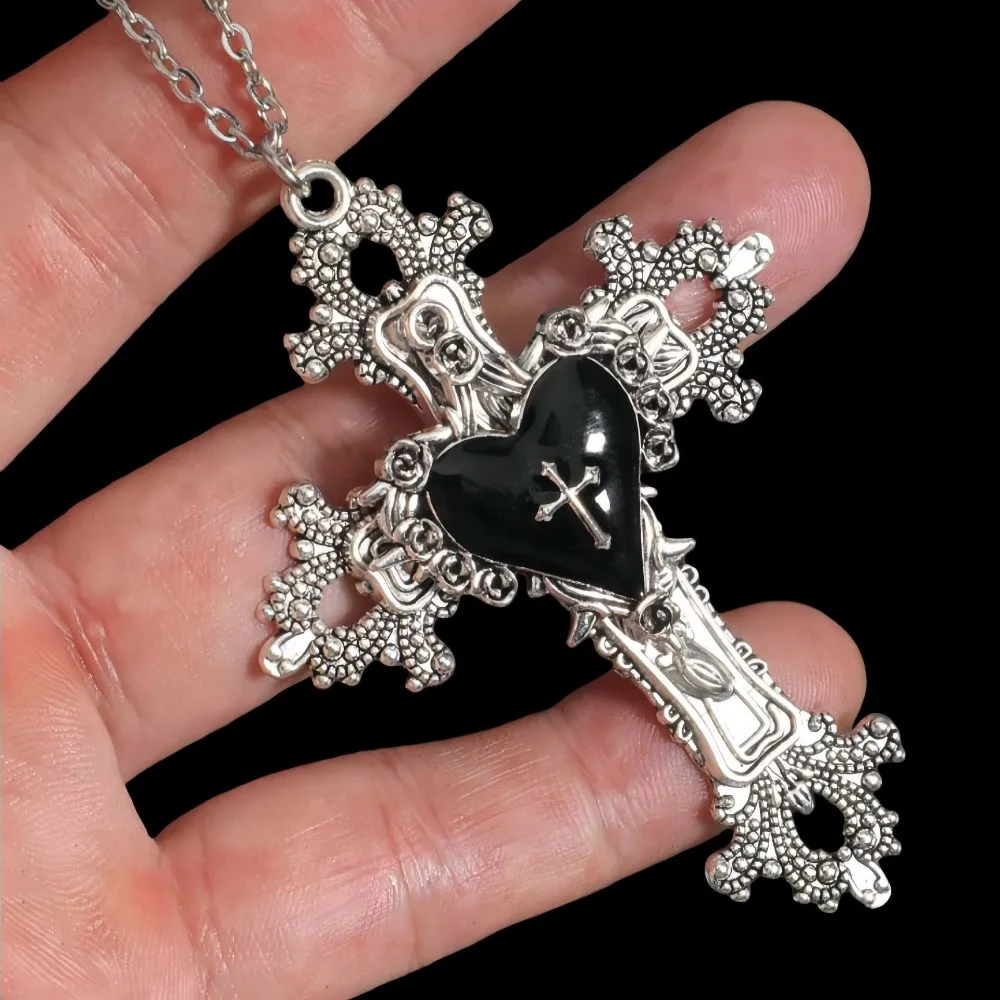 Gothic Personality Black Drip Glaze Heart-shaped Rose Flower Cross Pendant Necklace for Men Women Halloween Party Y2K Jewelry