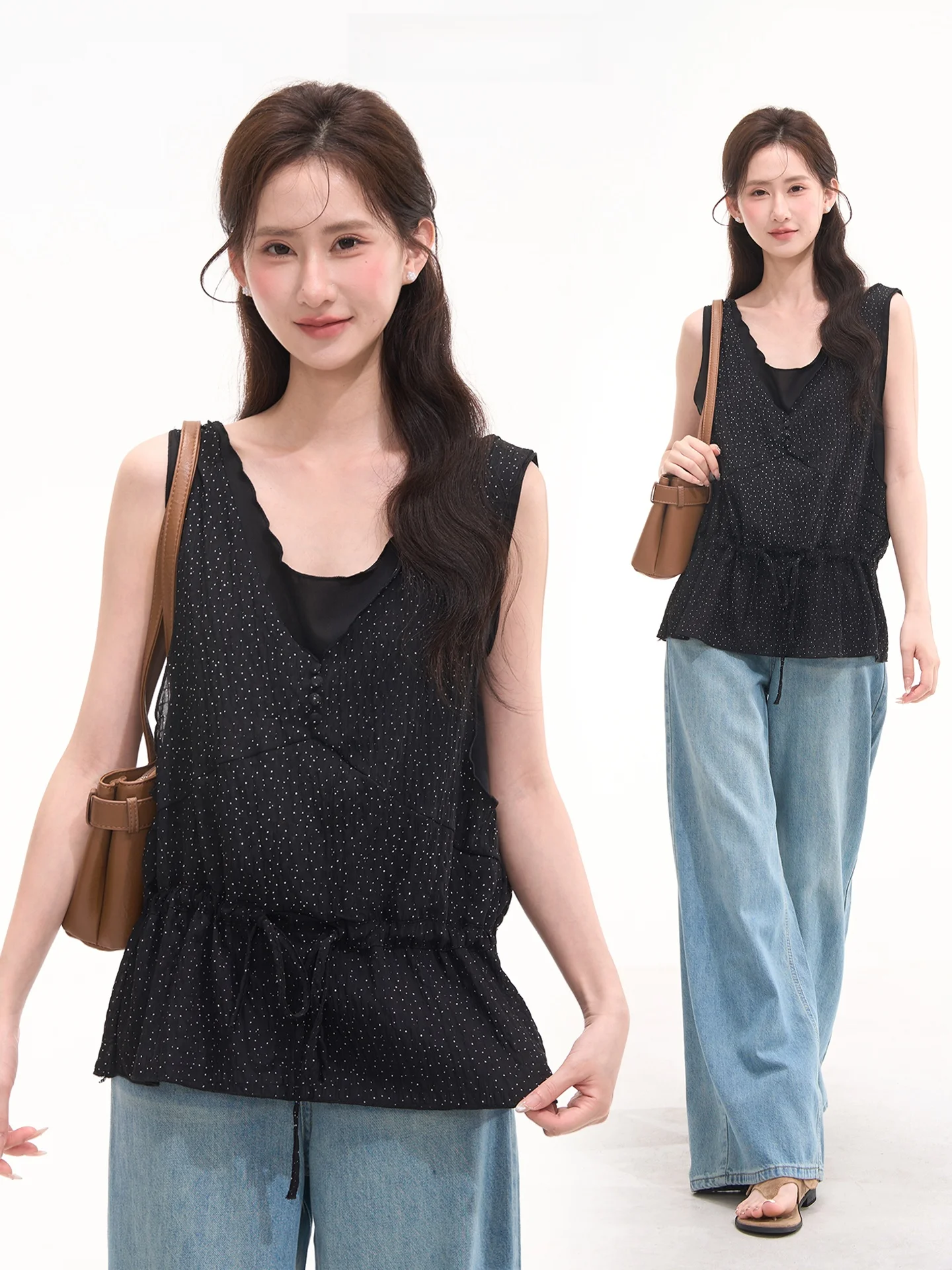 

Summer Sweet Tea Polka Dot Tie Design Unique Vest Shirt Women Cotton No Sleeve V-Neck Princess Style UV Protection Casual Wear
