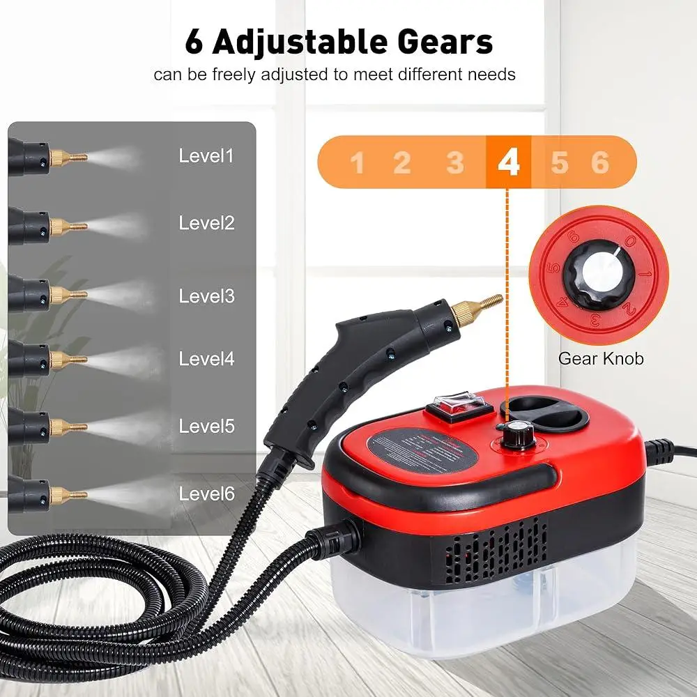 منظف بخار محمول بالضغط العالي 2500 وات تسخين سريع 15 ثانية تنظيف عميق 6 سرعات قابلة للتعديل منظف متعدد الأسطح 9 قطعة