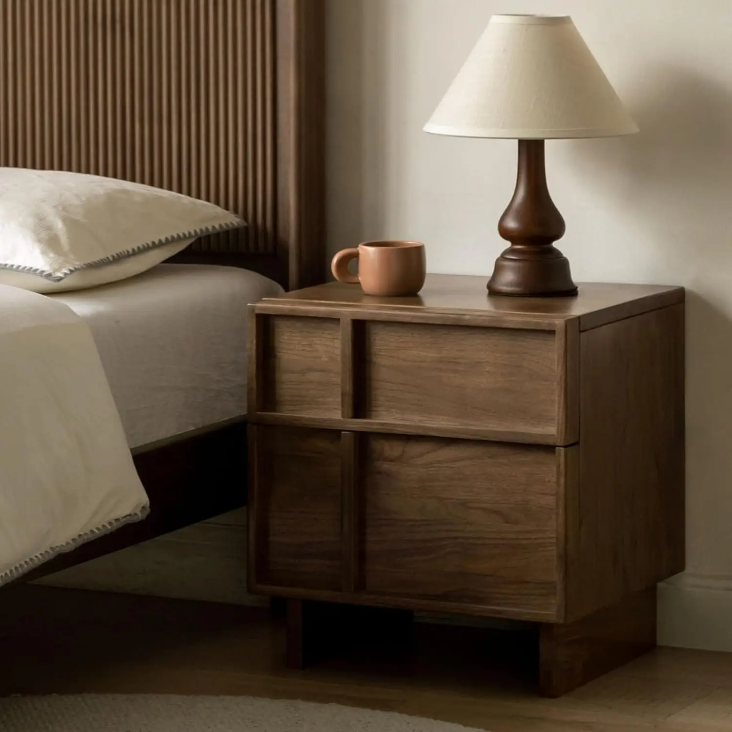 100% Solid Wood Nightstand, Wooden Nightstands with 2 Drawers, Mid Century Modern Nightstand, Walnut Night Stand,, Customized