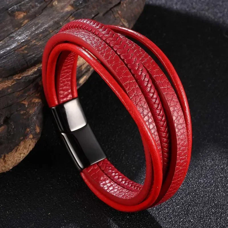 

Trendy Red Leather Bracelets Men Stainless Steel Multilayer Braided Rope Bangles for Women Wristband Jewelry Gifts SP1076