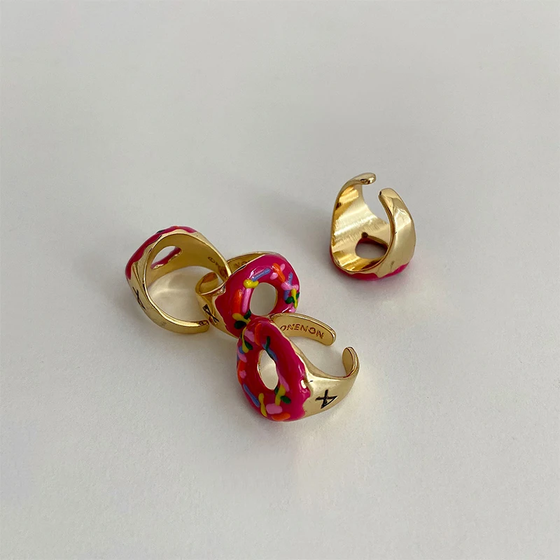 

New Fashion Sweet Colorful Drip Oil Donut Dessert Open Adjustable Metal Ring For Women Girl Travel Party Jewelry Hot Sale Europe