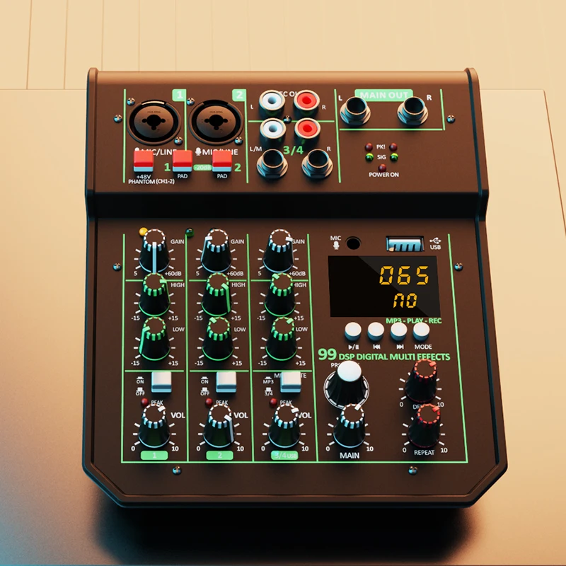 Reverb opname geluidskaart 4-kanaals professionele mengpaneel live-uitzending klein huishoudelijk podiuminstrument Audiomixer