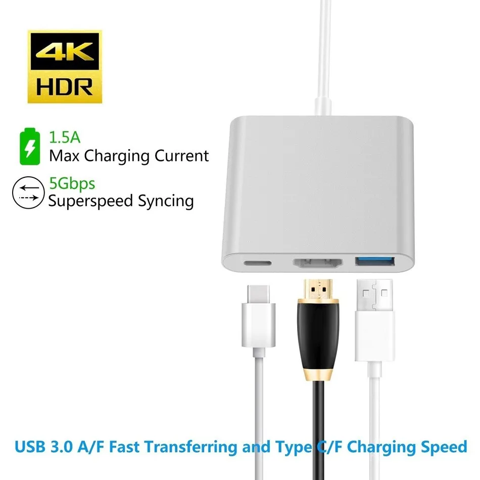 محول محول 3 Em 1 Hub Tipo C para HDMI USB 3,0 4K الألومنيوم