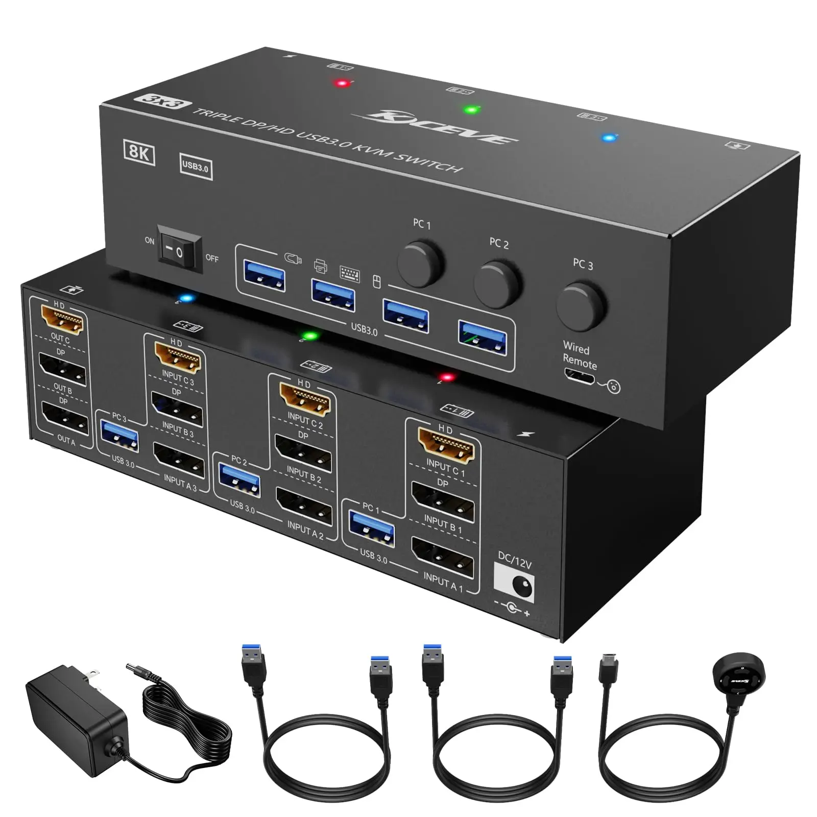 

KVM переключатель 3 компьютера 3 Монитора, HDMI + DisplayPort USB 3,0 KVM переключатель, 8K тройной монитор KVM для 3 ПК Share 4 USB 3,0 устройство