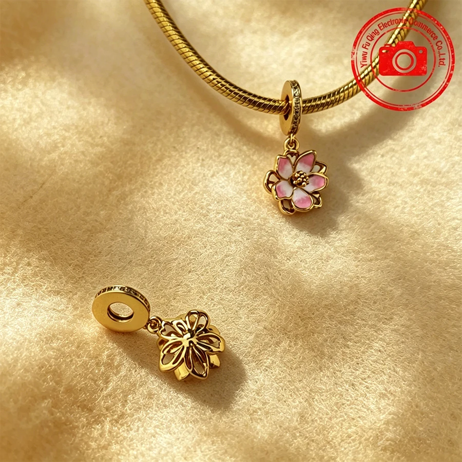 Sparkling Golden Charm DIY Fine Women Jewelry Gift Cherry Blossom Pink Daisy Spacer Clip Beads Fit Original 925 Silver Bracelets