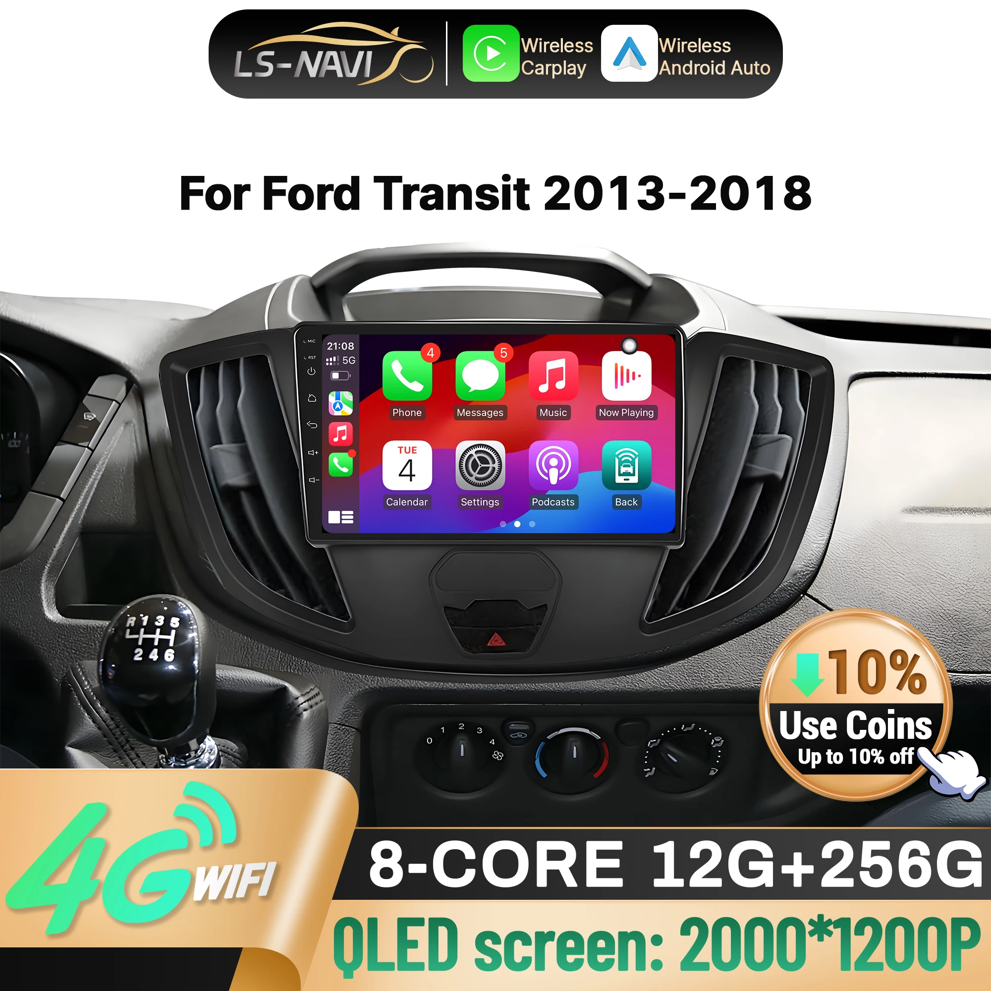 

Автомобильный радиоприемник Android 14, для Ford Transit 2013-2018, мультимедийный видеоплеер, навигация, беспроводной CarPlay, 4G, GPS, сенсорный экран, стерео