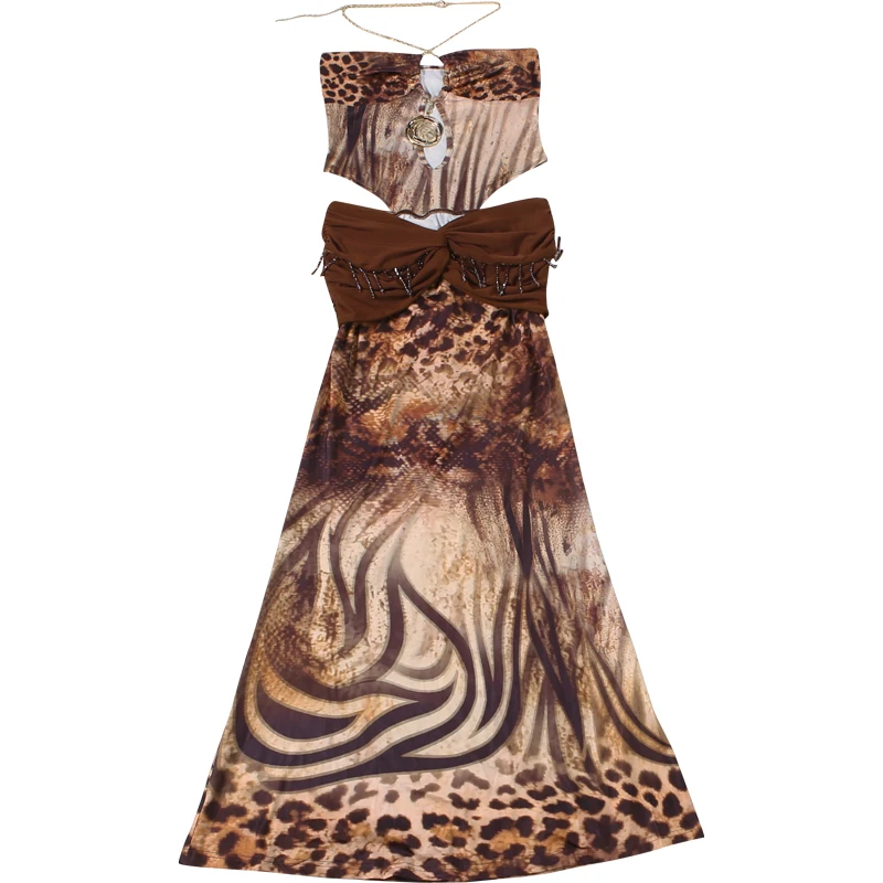 Weird Puss Leopard Print 2 Piece Set Women Cross Chain Halter Backless Irregular Hem Tank Top+Ruched Patchwork Skirt Party Suits