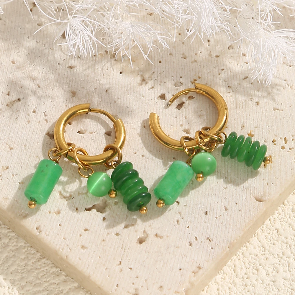 1 زوج الذهب اللون مطلي الفولاذ المقاوم للصدأ هوب أقراط للنساء خمر الحجر الأخضر سحر العصرية للماء مجوهرات هدية #2