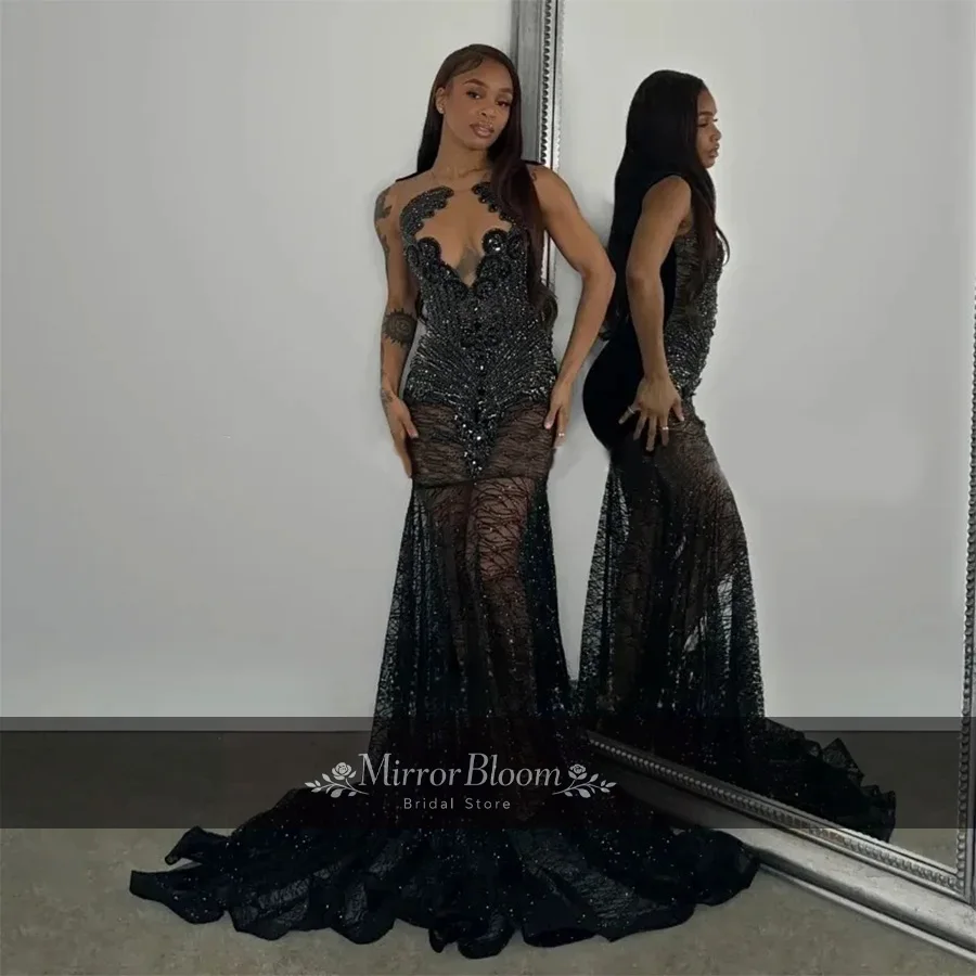 

Customized Elegant Beaded Lace Mermaid Evening Dress Luxury Lace Formal Gown Train Prom Wedding Party Sequin Floor Length Dress
