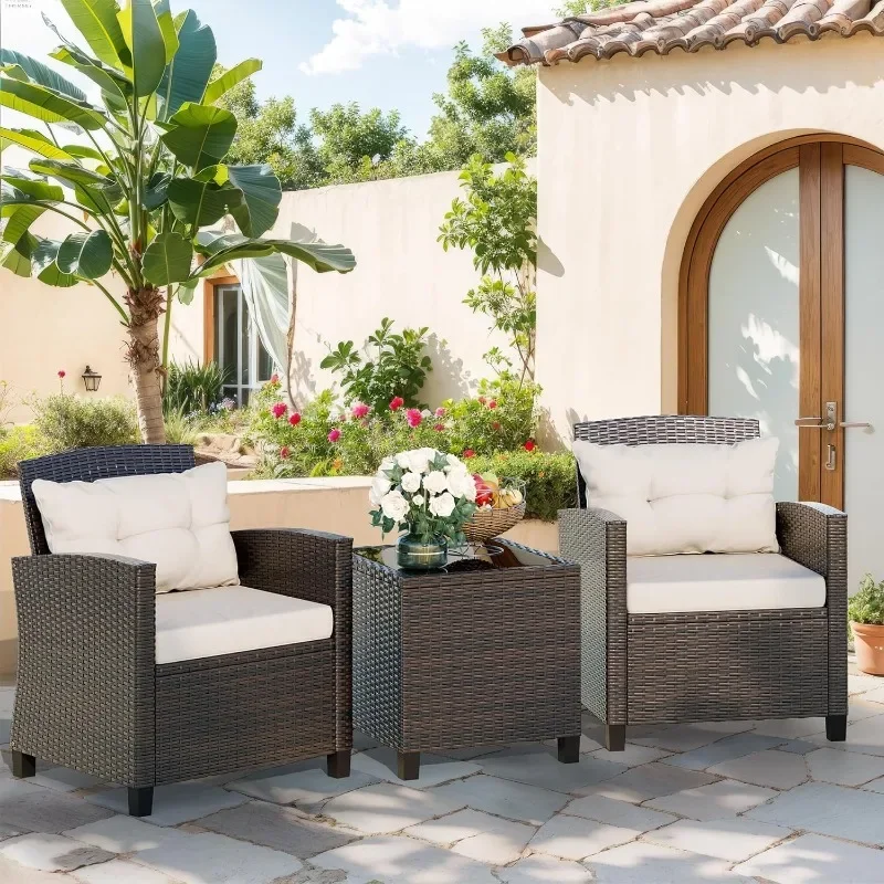 3 Piece Patio Furniture Set Small Outdoor Wicker Rattan Front Porch Bistro Set Cushioned Patio Chairs Conversation Set