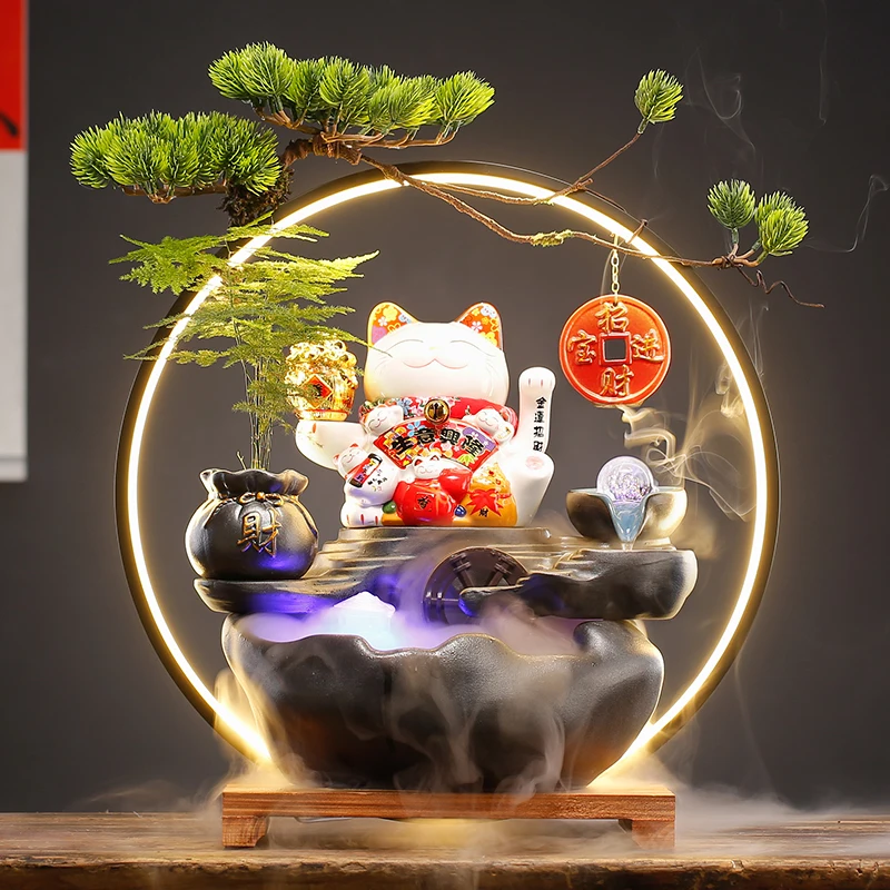 

Home Living Room Creative Ceramic Lucky Cat Decoration Office Desktop Chinese Flowing Water Making Money Ornaments Opening Gift