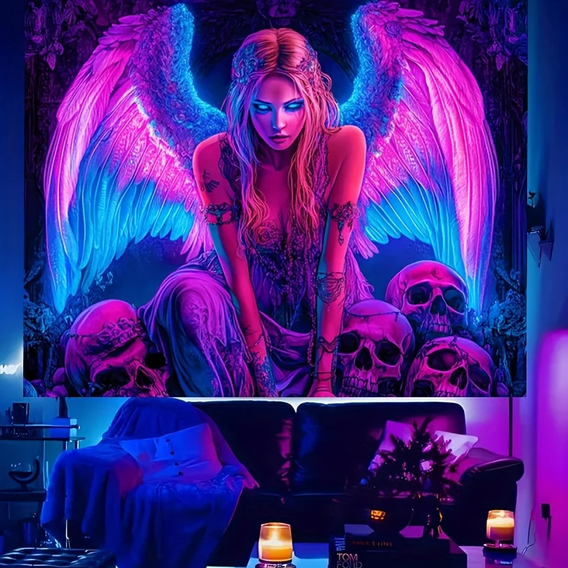 VIKAMA Dark Fallen Angel Skull UV Tapestry, Black Light Pink Purple Neon Wall Hanging for Bedroom Living Room
