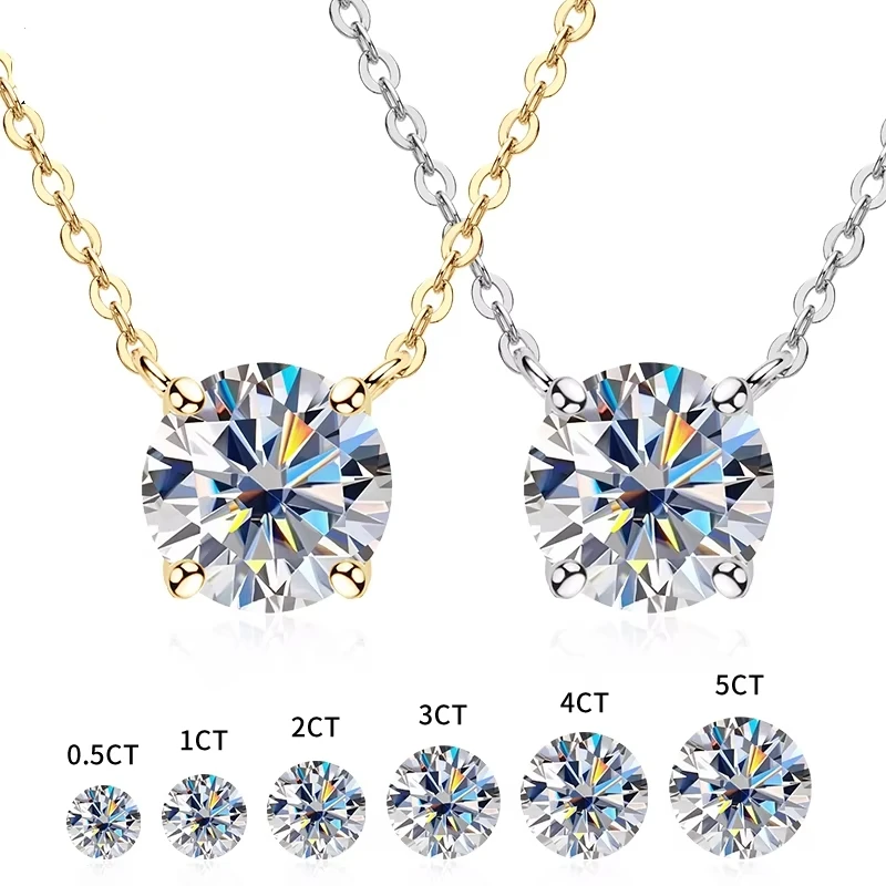 0.5-5CT Brilliant cut Moissanite Necklace for Women Solitaire Pendant Luxury Female Neck Chain 100% 925 Sterling Silver