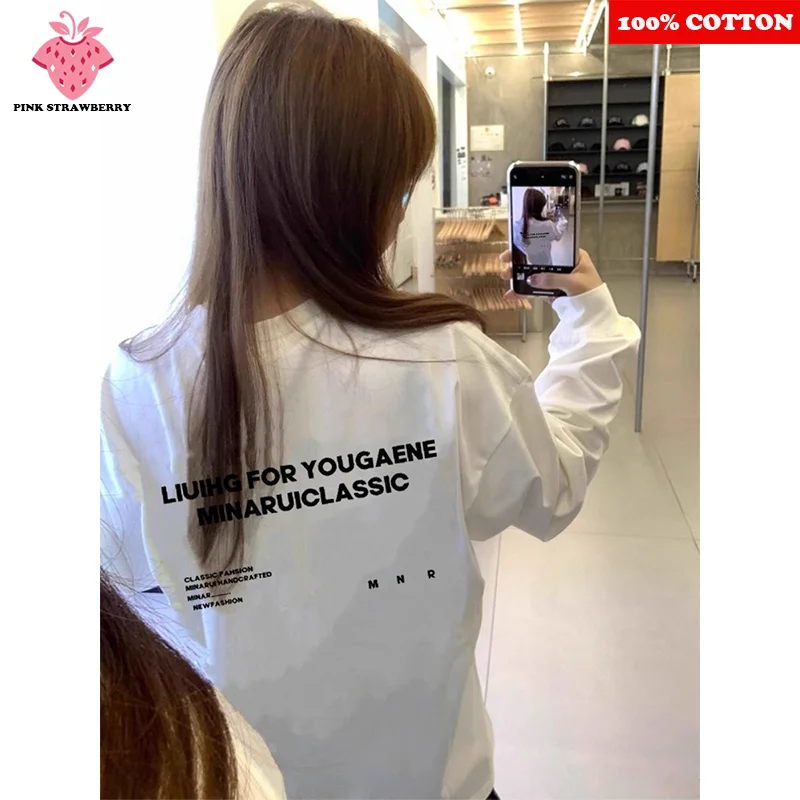 

American style Letter Long sleeved T-shirt Women Autumn Winter 2025 New 100% Cotton White T-shirt Loose Y2k Top Female clothing