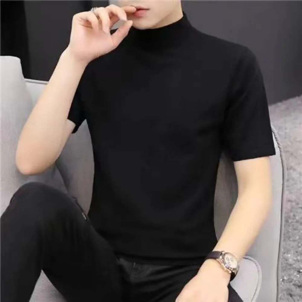 Summer High Neck Solid Color New Men\'s Fashion Turtleneck T-Shirts Casual Slim Solid Color Short Sleeves Tops  Oversize T-shirt