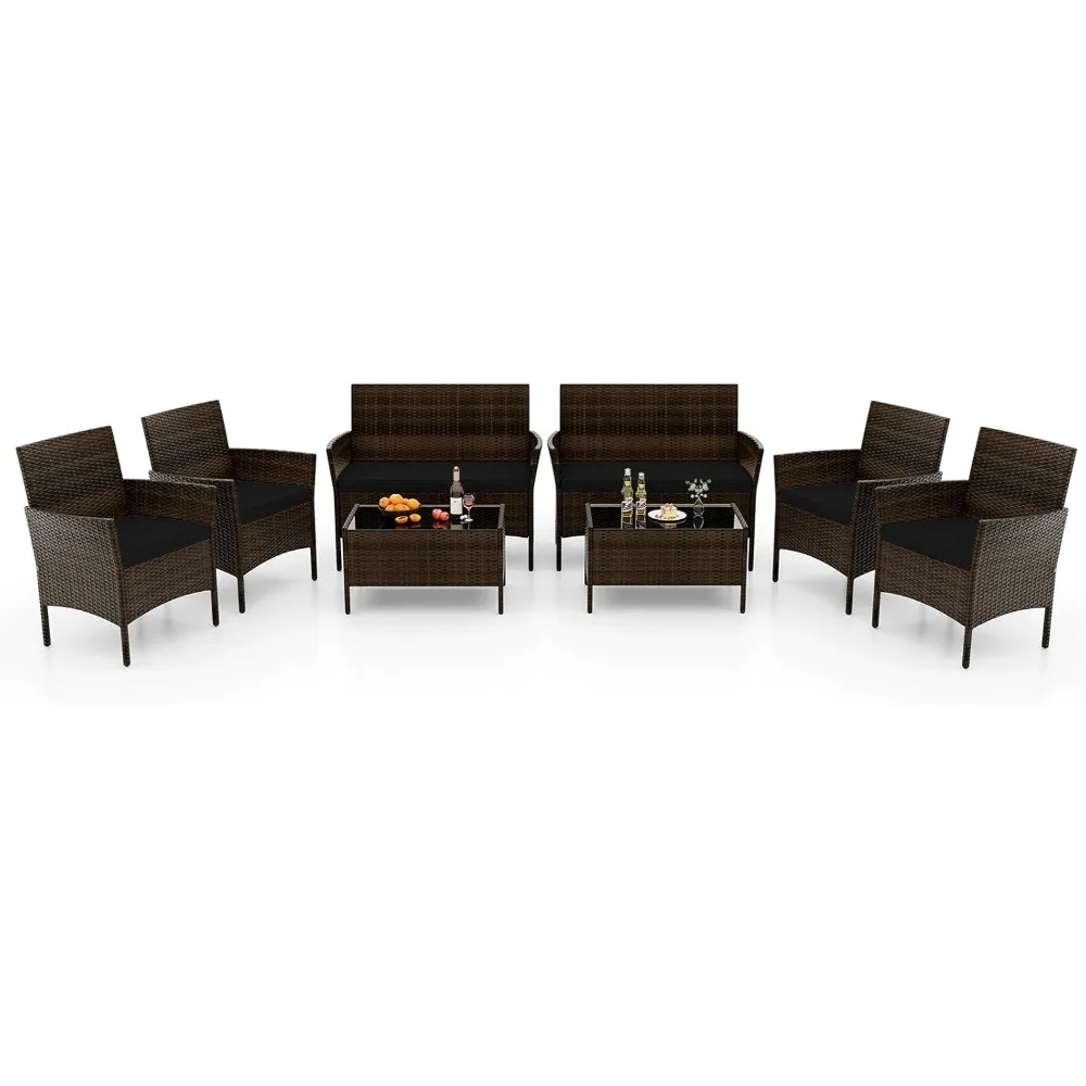 

8-Piece Patio Furniture Set - Rattan Outdoor Conversation Bistro Set w/Cushions, Glass Coffee Table, Wicker Chairs & Loveseat f