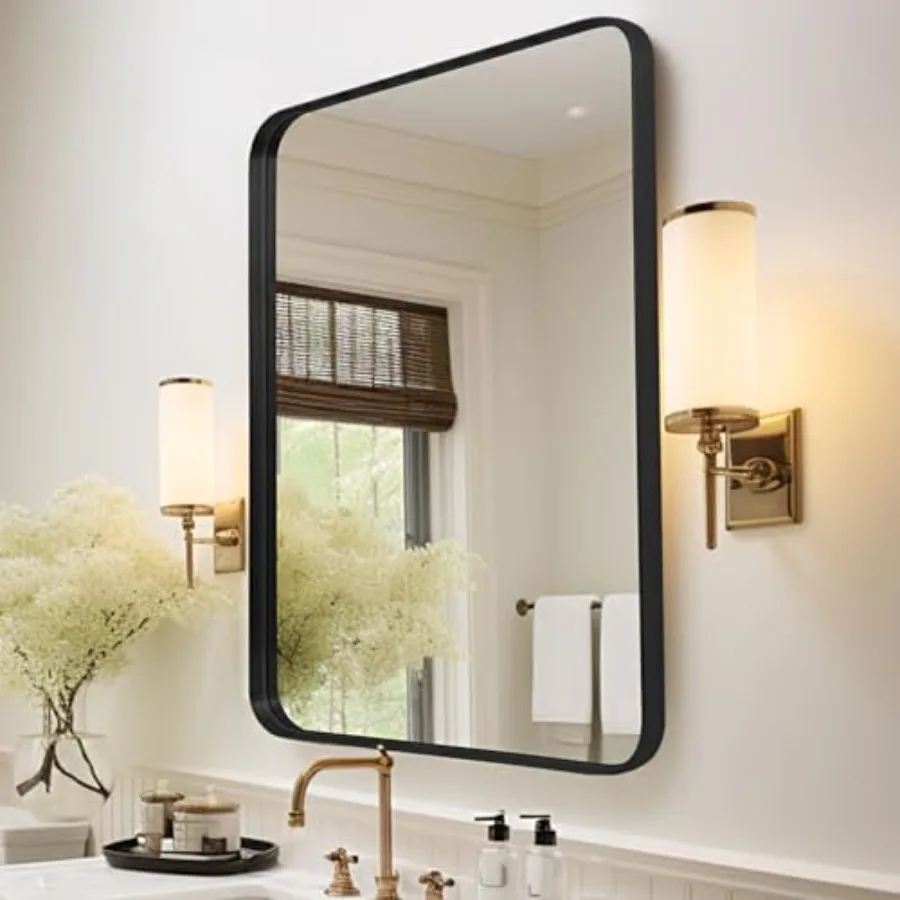 

Wall Mirror 24" x 36" Metal Deep Frame for Bathroom, Living Room, Bedroom, Entryway - Decorative Rectangular Round Corner Mount