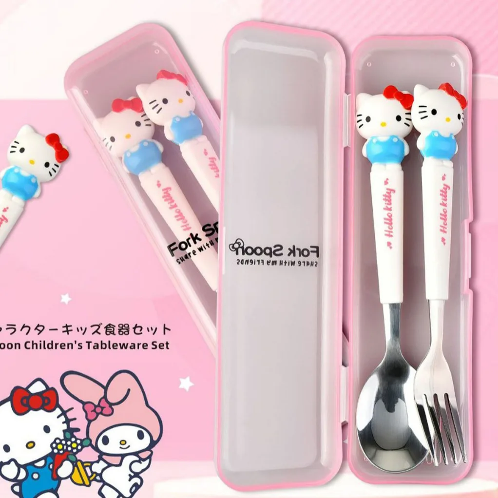 Hallo Kitty Spoons and Forks Portable, 3D Cartoon My Melody & Kuromi-Shaped Stainless Steel Cutlery Suitable for Student Lunches