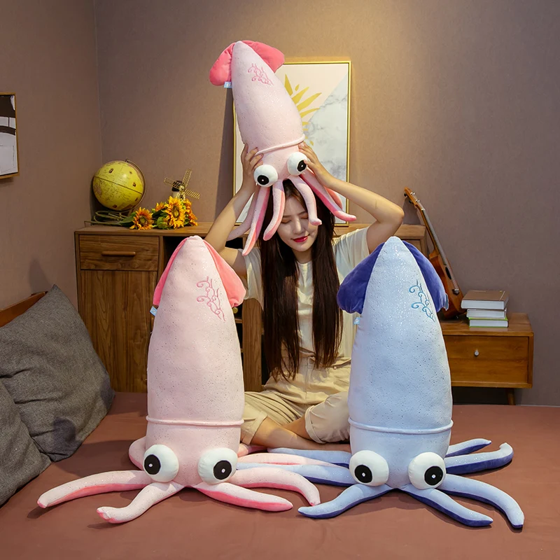 70~130cm Big Eyes Squid Stuffed Toy Plush Ocean Animal Pink Blue Down Cotton Filled Soft Decor Plushie Props