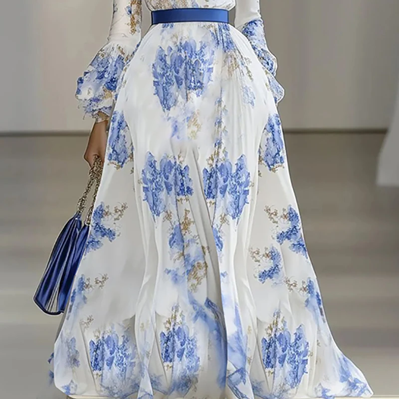 Donna Chic Stampa floreale Boho Abiti lunghi Primavera Manica a farfalla Vita alta Abito da ballo Sexy scollo a V Vacanza Maxi Dress Vestidos