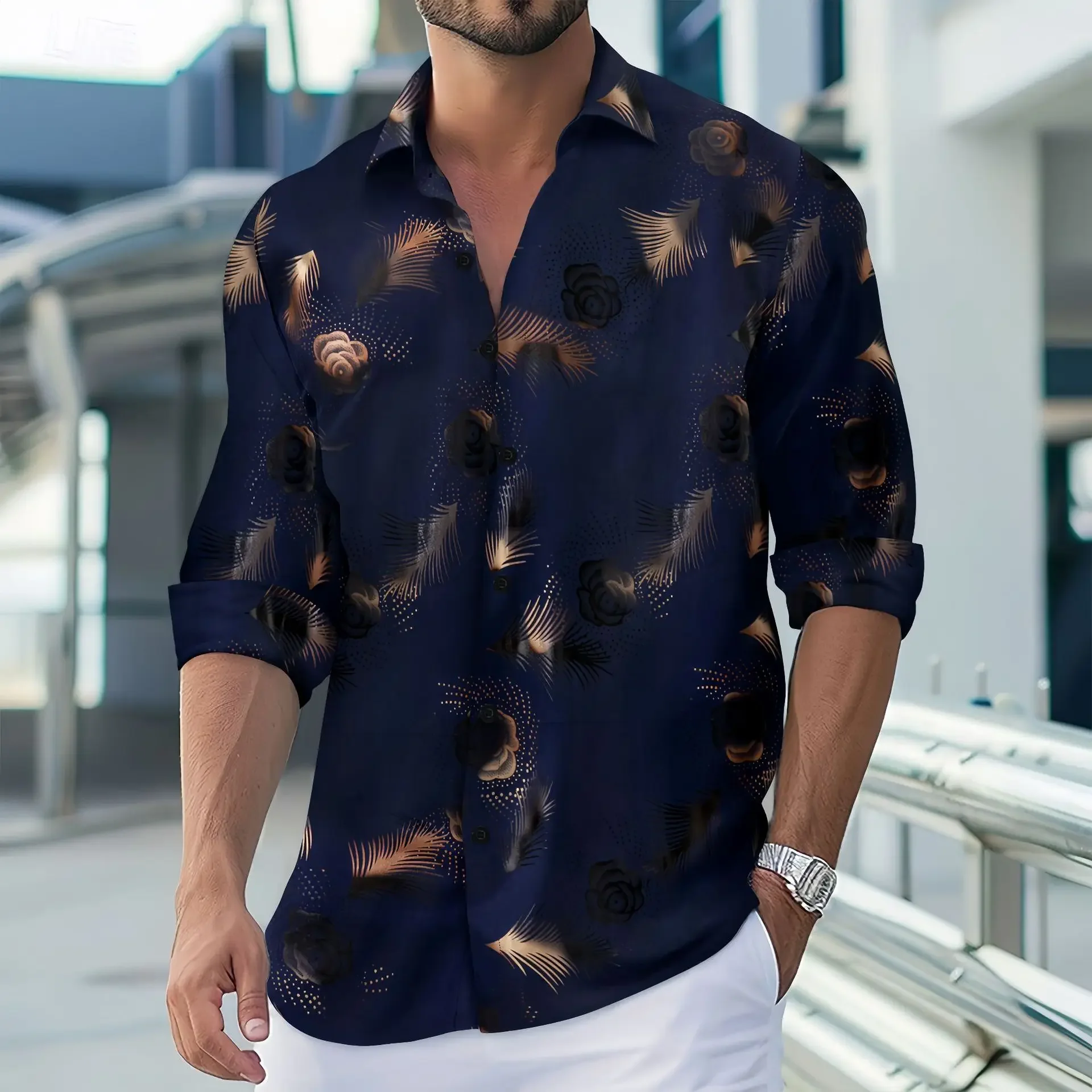 Spring and autumn men's business casual shirt trend hot stamping print fashion cardigan high quality slim lapel long-sleeved shi
