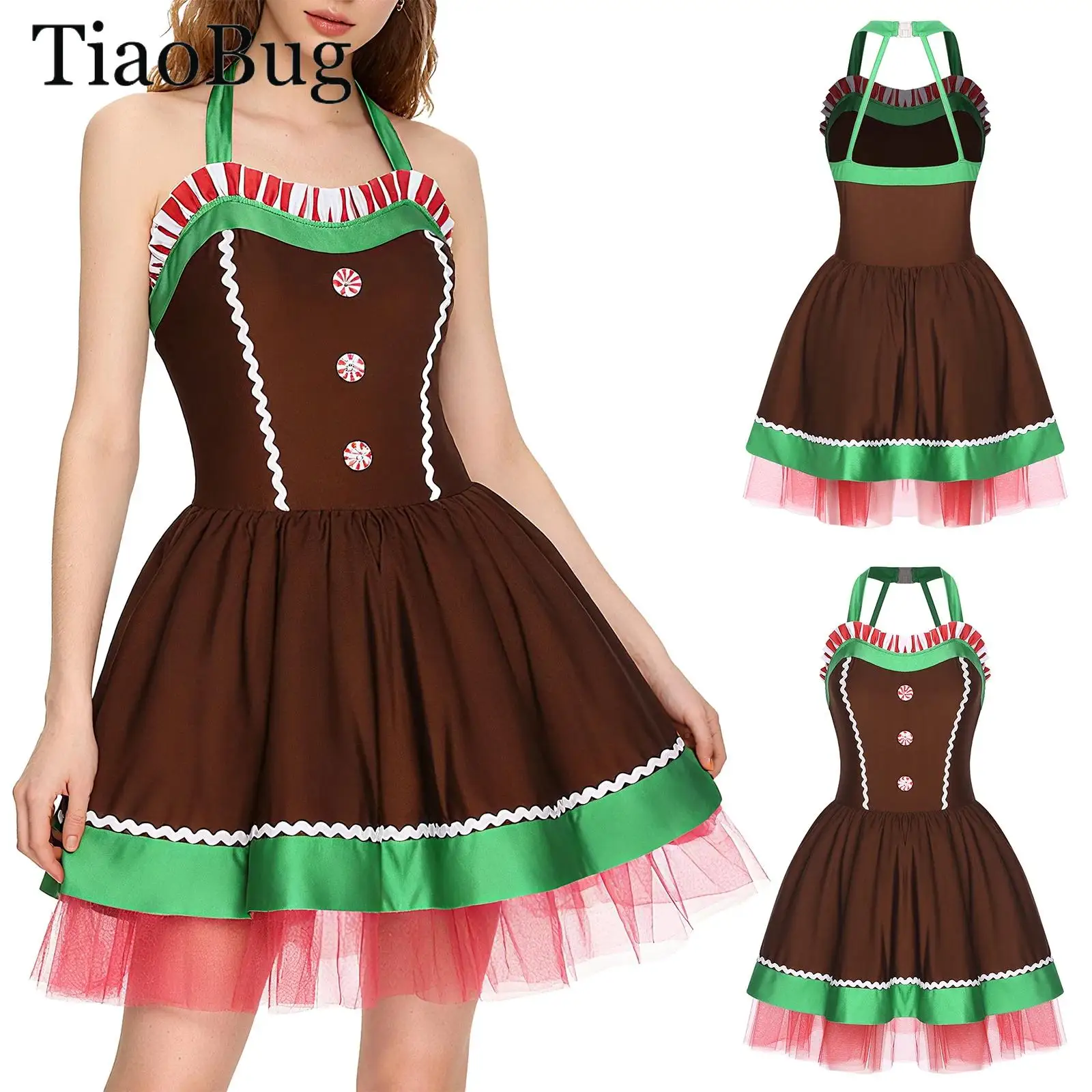 

Women Christmas Gingerbread Costume Xmas Santa Claus Dress Sleeveless Candy Cane Cookie Man Leotard Tutu Dress Skating Dancewear