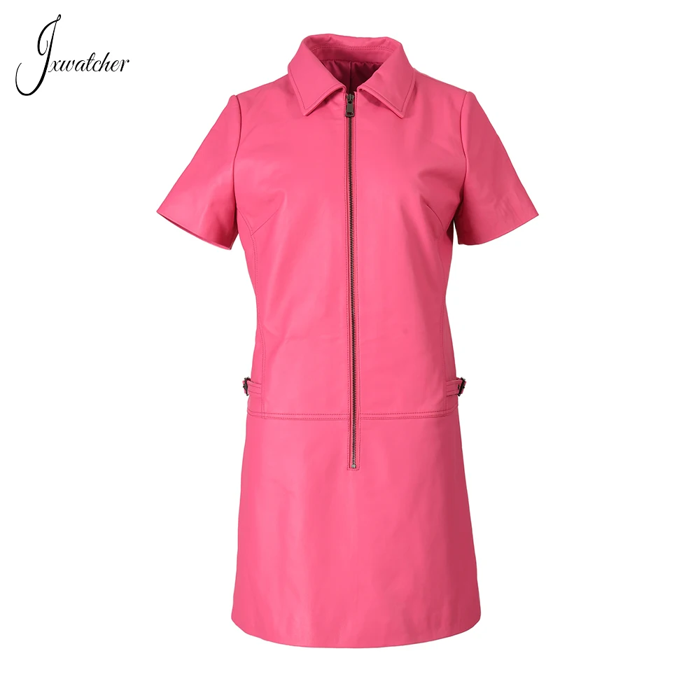 

Jxwatcher Women's Leather Jacket 2023 Spring Genuine Leather Dress Ladies Fashion Sheepskin One-Piece Dress Female New Style