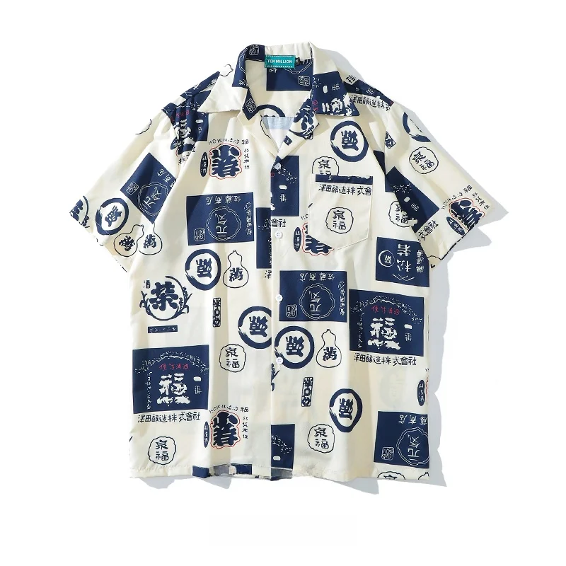 

Loose Fit Short Sleeve Shirt Text Print Turn-down Collar Unisex Casual Wear Summer Fashion from Night Market Japanese Style
