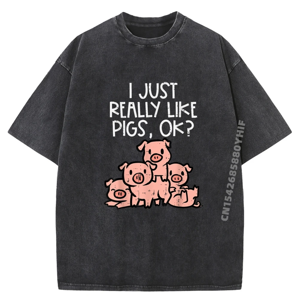 

I Just Really Like Pigs Ok Hog Farmer Swine Oversized T Shirt Graphic Tshirts Men Street Washed Shirt
