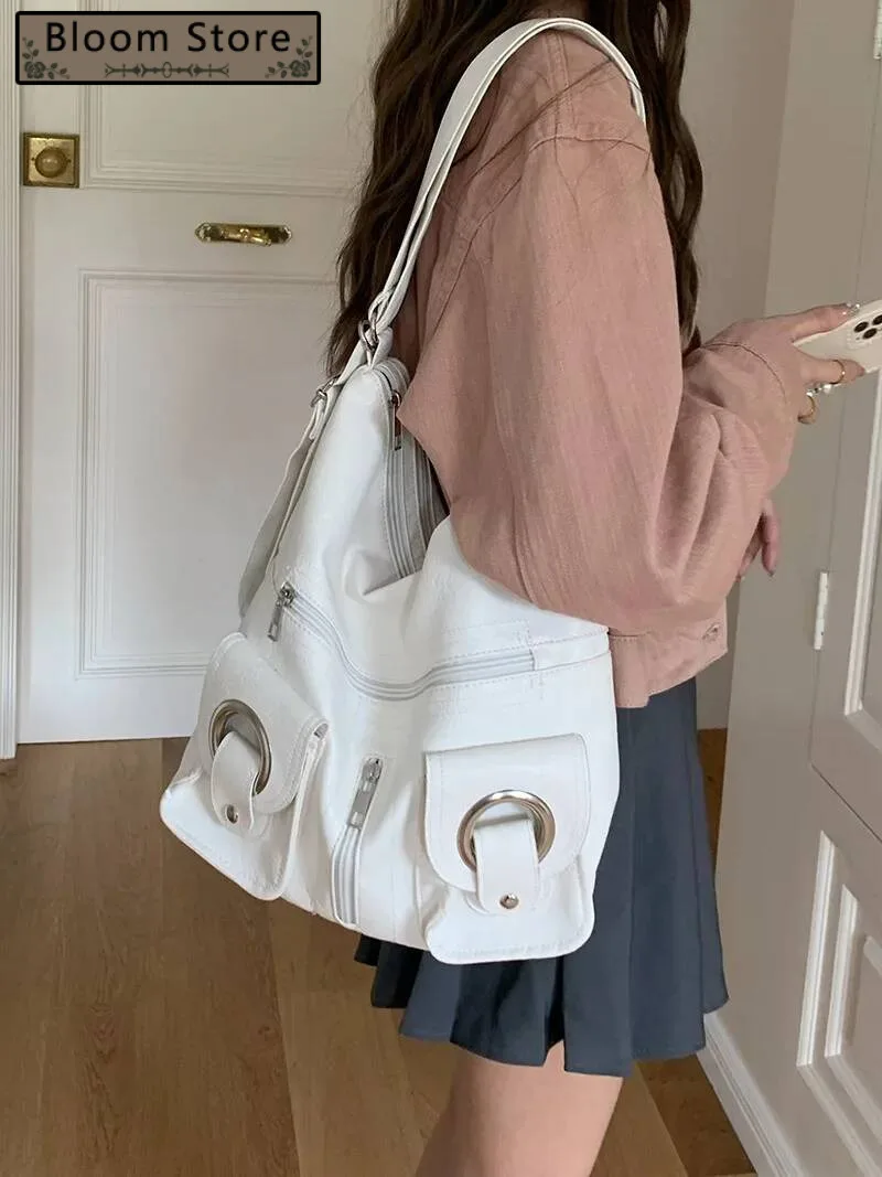 

Bloom Vintage Grunge Y2k Handbags Women Hot Girls Pockets PU Leather White Backpacks Ladies Haruku Aesthetic Crossbody Bags