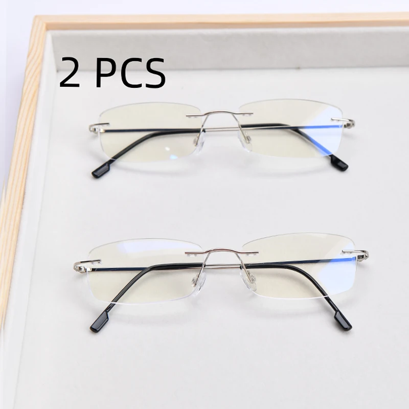 2PCS Suit Memory Titanium Rimless Reading Glasses Men Women Ultra-light Anti-blue light Eyeglasses Elegant Metal Frame Glasses