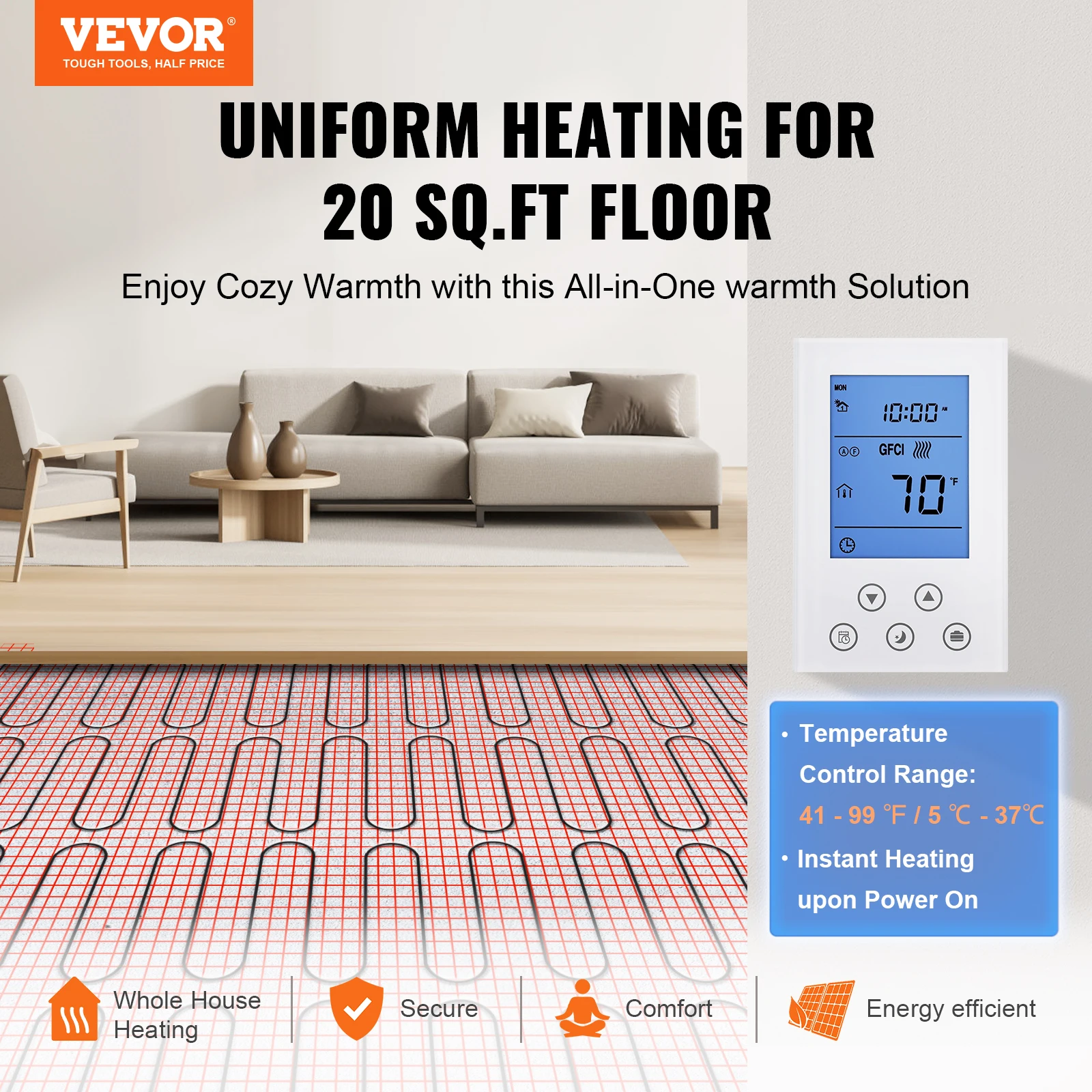 VEVOR Floor Heating Mat 20 Sq. ft Electric Radiant In-Floor Heated Warm System Adhesive Back for Easy Installation on The Floor