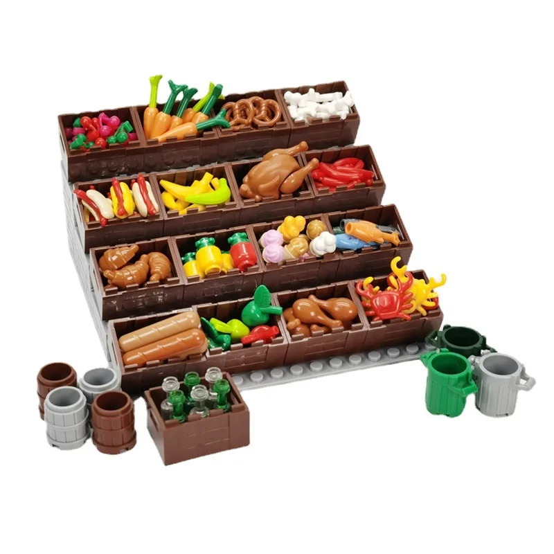 Food With Display Basket Market MOC Building Blocks Vegetables Seafood Fruits Solid Food Bricks Toys Compatible With LEGO