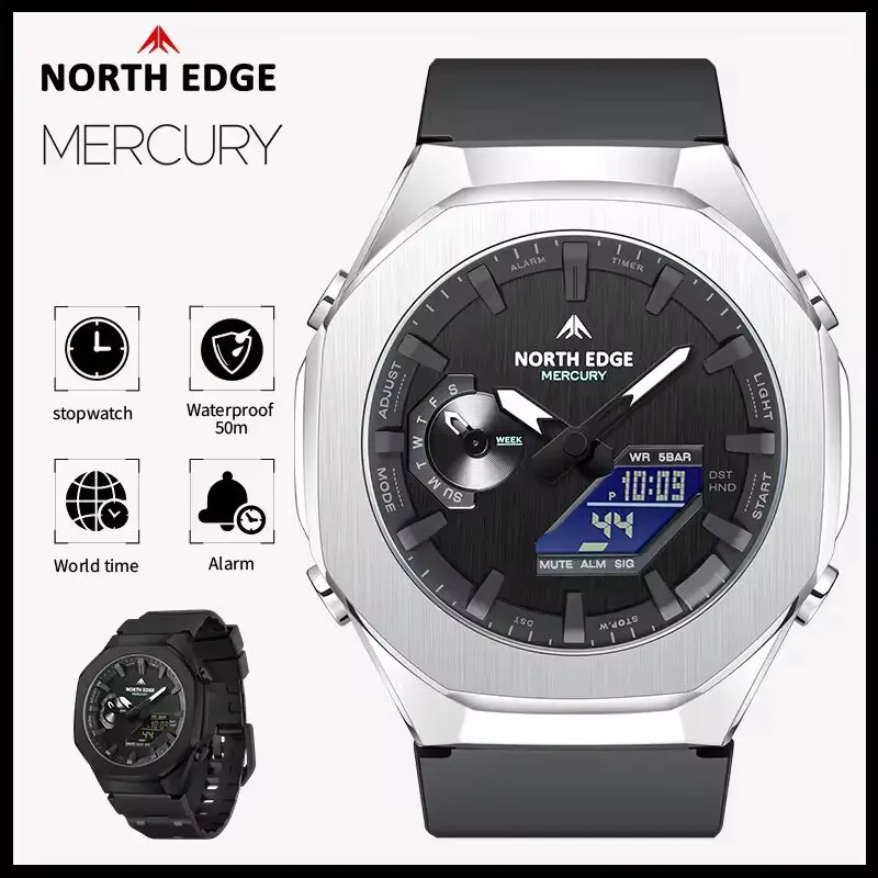NORTH EDGE MERCURY NEW Men's Outdoor Digital Watch, Double Display Alloy Case 50 Meters Waterproof LED Backlight World Time