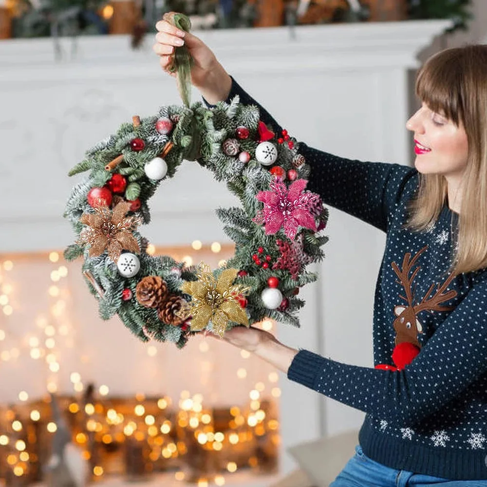 12/24PCS 15cm Christmas Decoration Glitter Flowers Christmas Tree Pendant for Home Decor Xmas Navidad New Year 2026 Ornaments