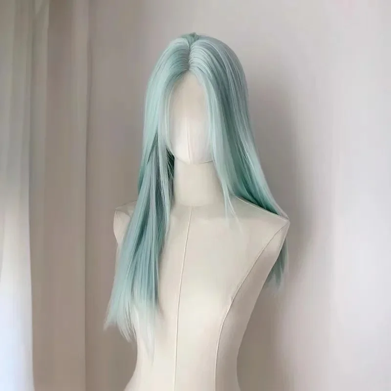 Perruque Longue et Lisse avec Frange Fendue pour Femme, Couleur Menthe, Bleu, Vert, Rose, Or, Ultraviolets, Nouveauté 2021