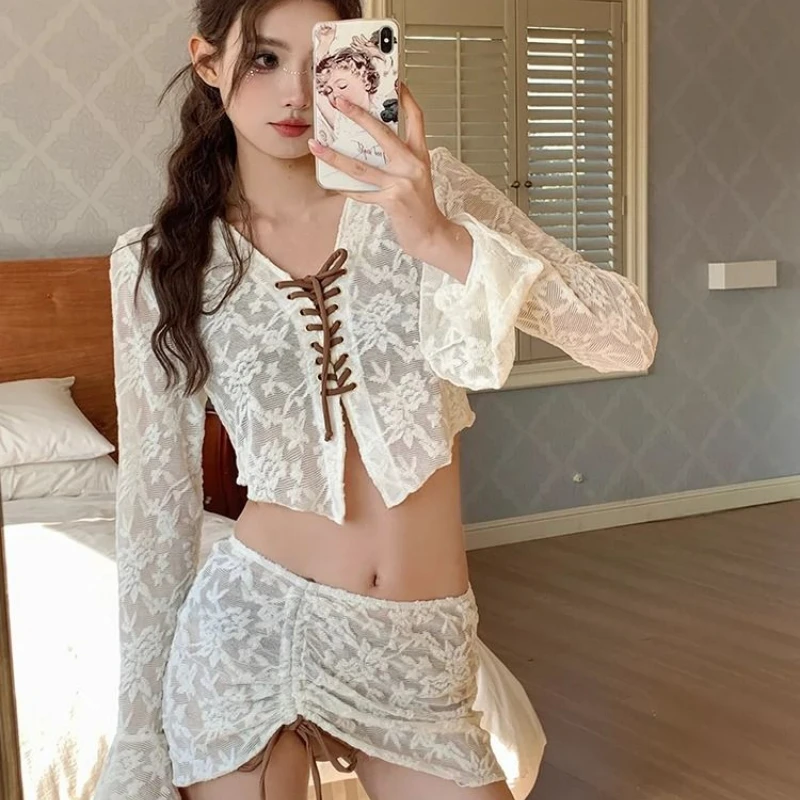 

New Pattern Beach Cover Ups for Swimwear Women Bikini Lace Sexy Cover The Stomach Show Off Weight Korean Version Summer