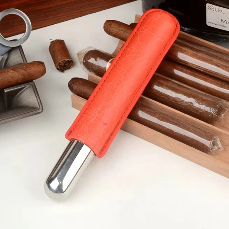 

52 Ring Cigar Case Stainless Steel Cigar Tube Real Leather Cigar Holder Excellent Cigar Tool Best Men's Smoking Cigar Accessory