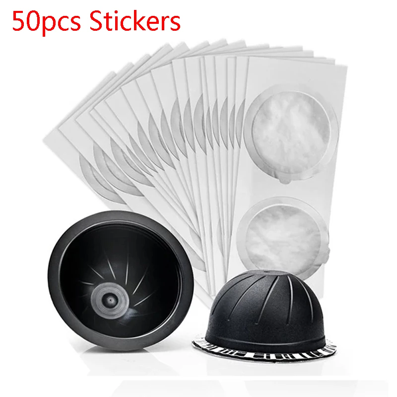 50PCS Disposable Coffee Refillable Capsules Pods Lids Aluminum Seals Stickers