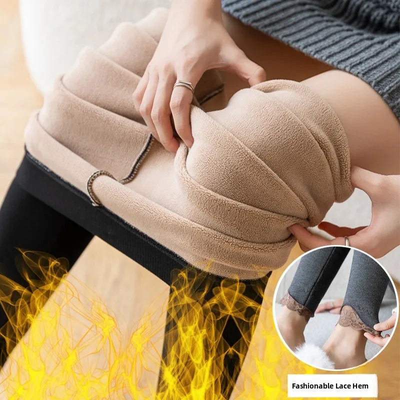 plus Size Ribbed Cotton Leggings Women Winter Lamb Velvet Thick Warm Nine Points Lace Outerwear Casual High Waist Nine Length