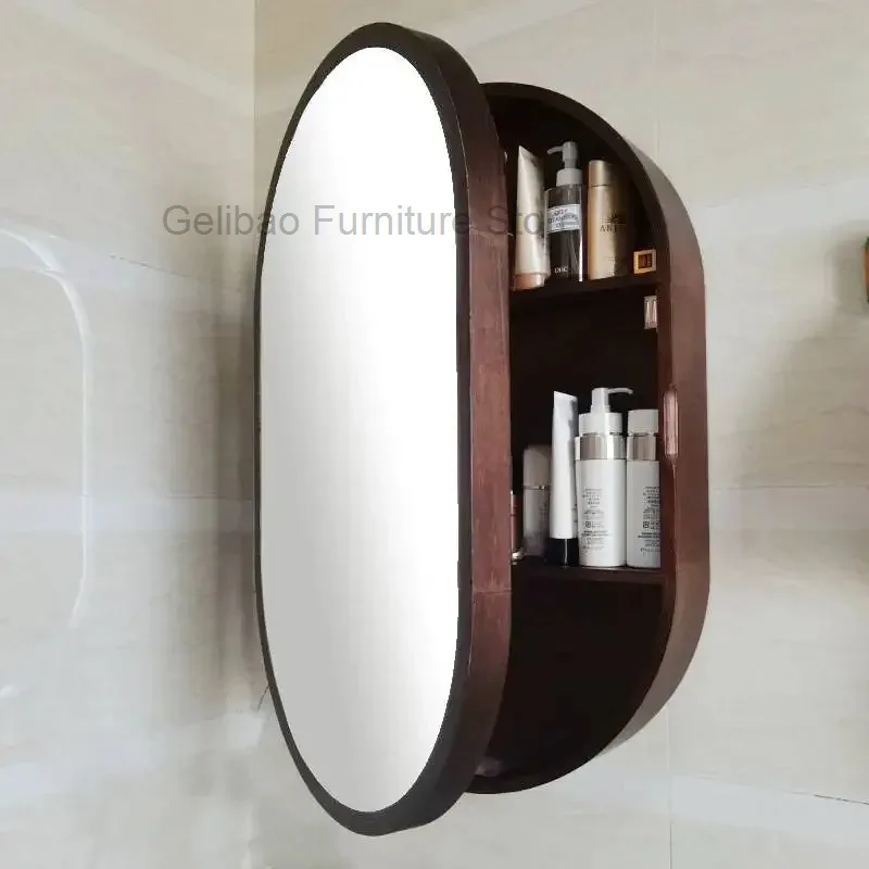 Oval Bathroom Mirror Cabinet Storage With Light Wall Mounted Bathroom Decor Apply Shower Makeup Banheiro Decorative Gold Led
