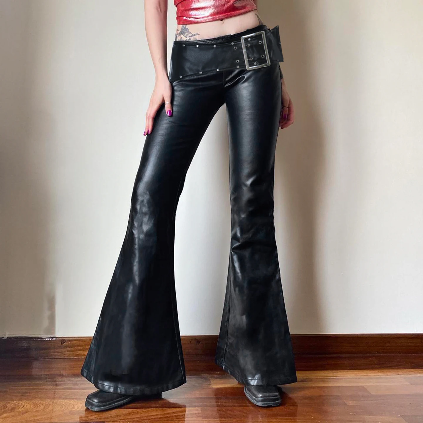 

Dark Solid Pu Leather Flare Pants Women Punk Style Slim-Fitting Low-Waisted Pants With Metal Buckle Belt 2026 Fashion Streetwear